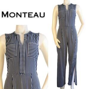 Monteau Blue White Sleeveless Striped Stretch Jumpsuit Open Back Size Medium